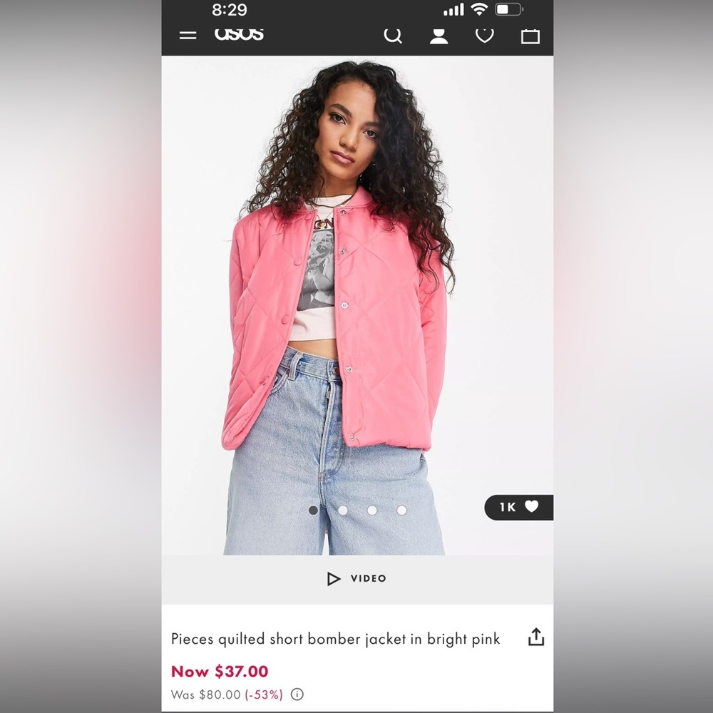 Pieces quilted short bomber jacket in bright pink